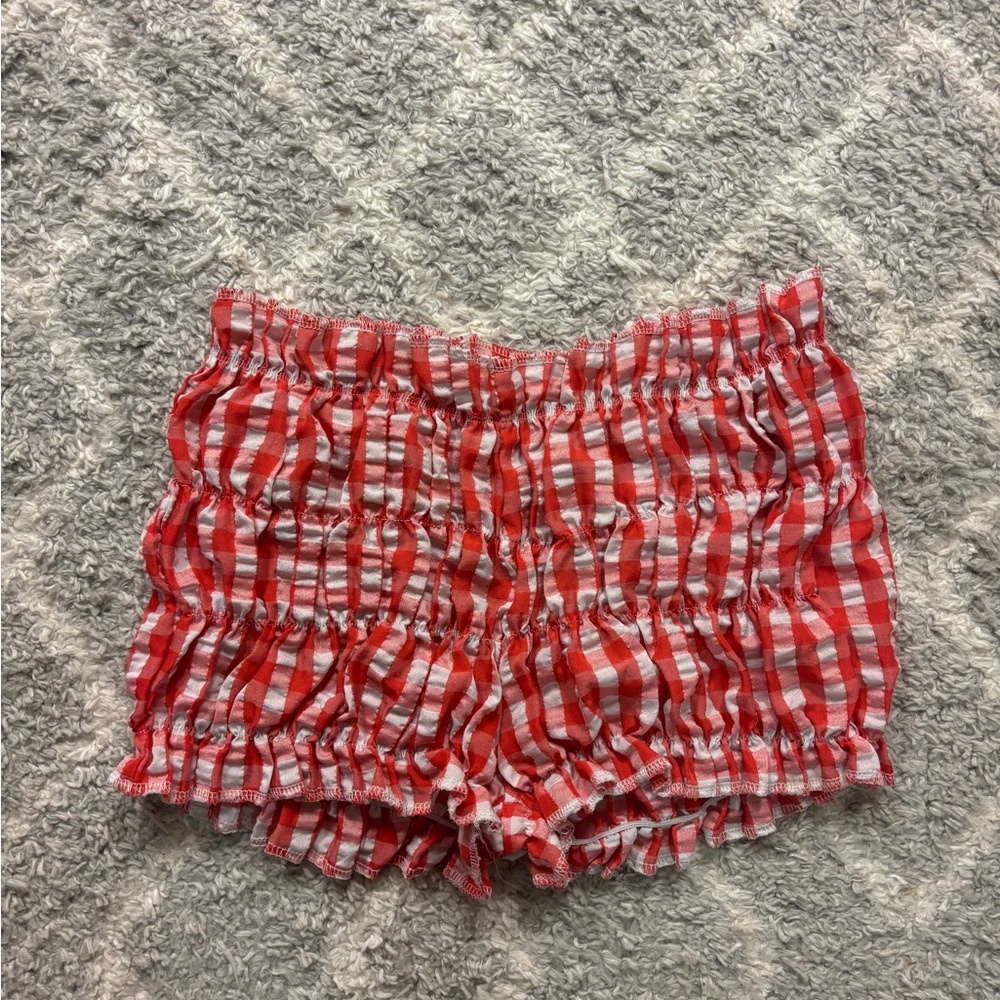 SHEIN Red and White Checkered Ruffle Shorts